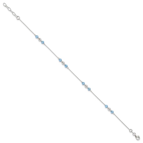 Sterling Silver Bead and Blue CZ 10 inch Plus 1 inch Extender - Total 11 inch Anklet