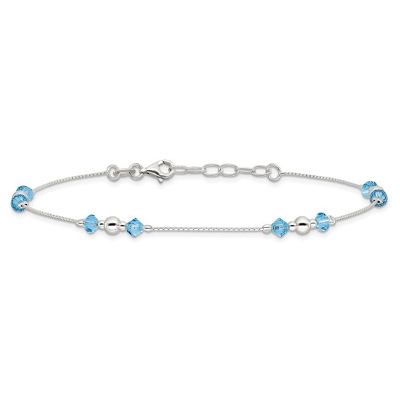 Sterling Silver Bead and Blue CZ 10 inch Plus 1 inch Extender - Total 11 inch Anklet
