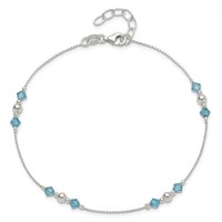 Sterling Silver Bead and Blue CZ Plus 1 Inch Extender - Total 10 Inch Anklet, 9" view 4
