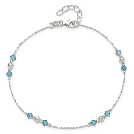 Sterling Silver Bead and Blue CZ 10 inch Plus 1 inch Extender - Total 11 inch Anklet