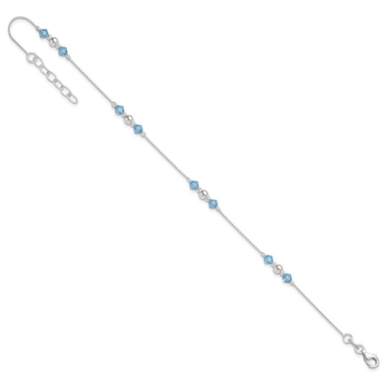 Sterling Silver Bead and Blue CZ 9 inch Plus 1 inch Extender - Total 10 inch Anklet