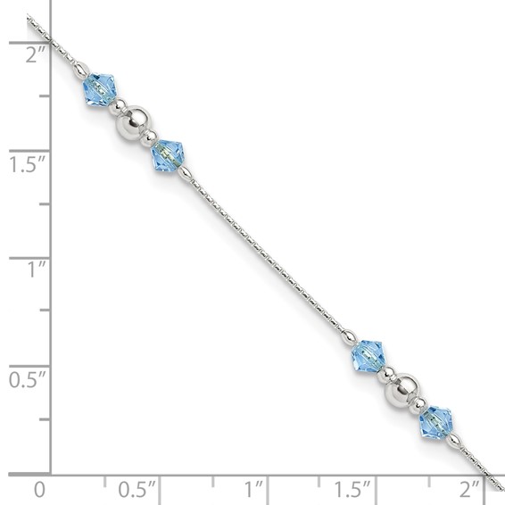 Sterling Silver Bead and Blue CZ 9 inch Plus 1 inch Extender - Total 10 inch Anklet