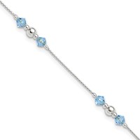 Sterling Silver Bead and Blue CZ Plus 1 Inch Extender - Total 10 Inch Anklet, 9" view 1