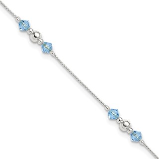 Sterling Silver Bead and Blue CZ 9 inch Plus 1 inch Extender - Total 10 inch Anklet
