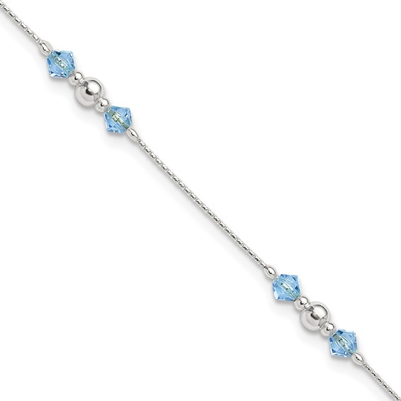 Sterling Silver Bead and Blue CZ 10 inch Plus 1 inch Extender - Total 11 inch Anklet