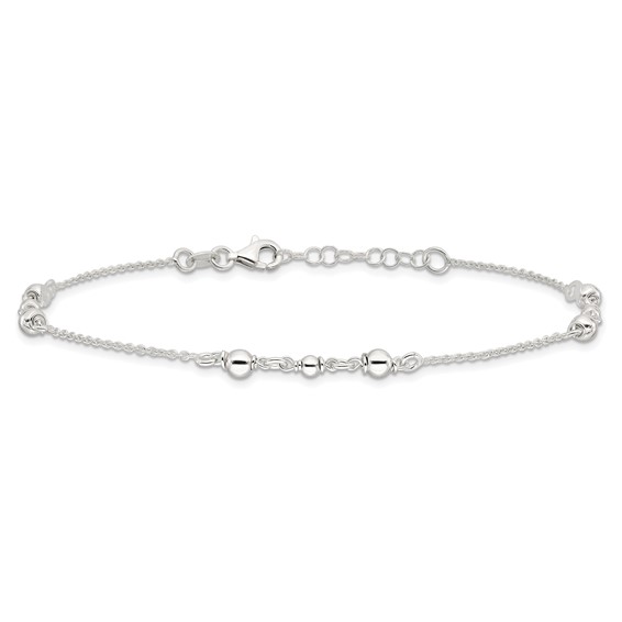 Sterling Silver Beaded 9 inch Plus 1 inch Extender - Total 10 inch Anklet