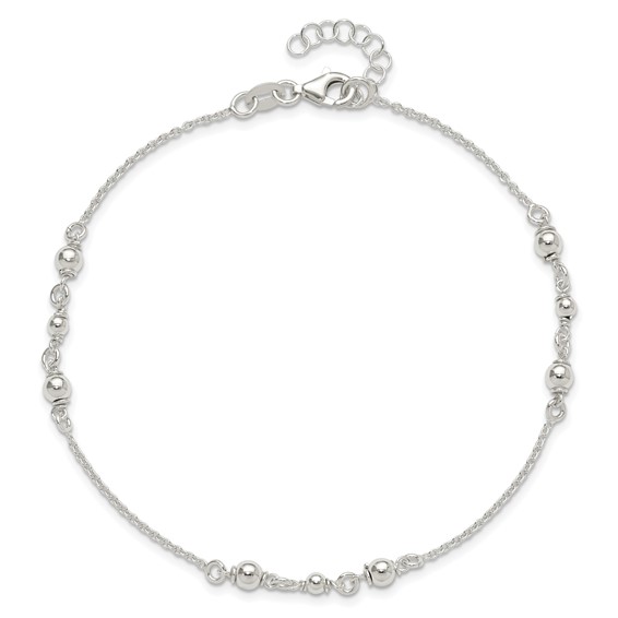 Sterling Silver Beaded 9 inch Plus 1 inch Extender - Total 10 inch Anklet