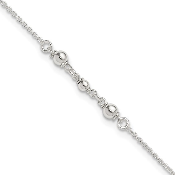 Sterling Silver Beaded 9 inch Plus 1 inch Extender - Total 10 inch Anklet