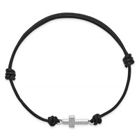 Sterling Silver Rhodium-plated Polished CZ Cross Black Leather Adjustable Bracelet view 2