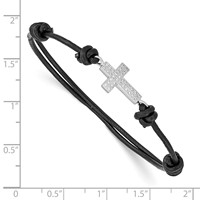 Sterling Silver Rhodium-plated Polished CZ Cross Black Leather Adjustable Bracelet view 3