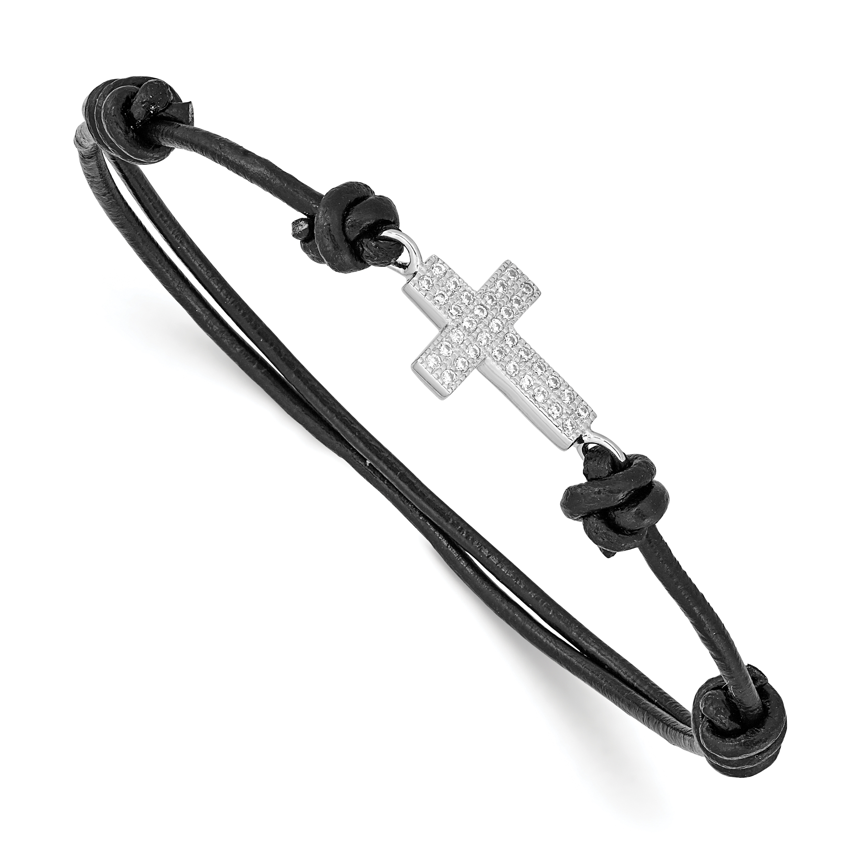 Sterling Silver Rhodium-plated CZ Cross Black Leather Adjustable Bracelet (QG3570)