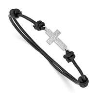Sterling Silver Rhodium-plated Polished CZ Cross Black Leather Adjustable Bracelet view 1