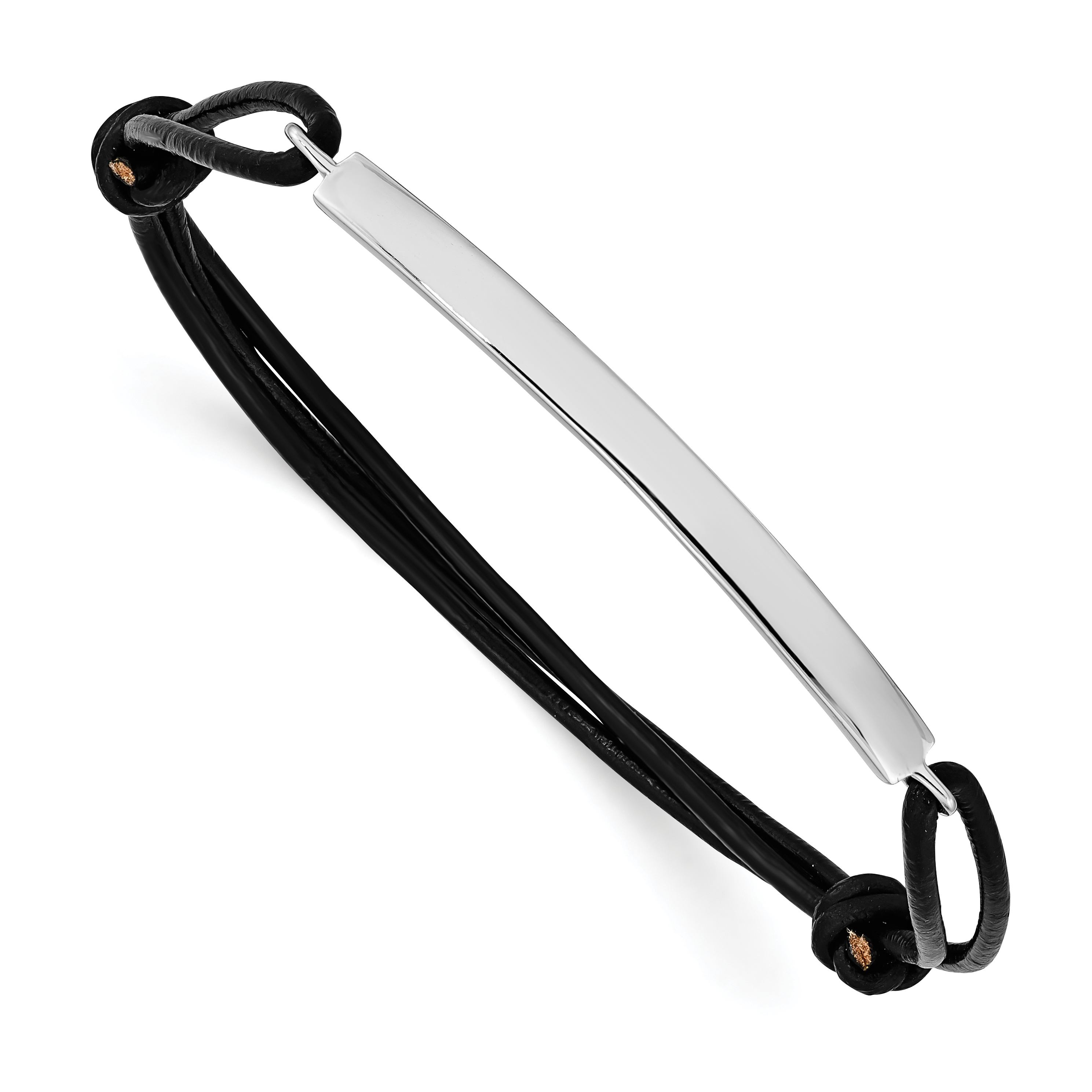Sterling Silver Rhodium-plated ID Plate w/Black Leather Adjustable Bracelet (QG3574)