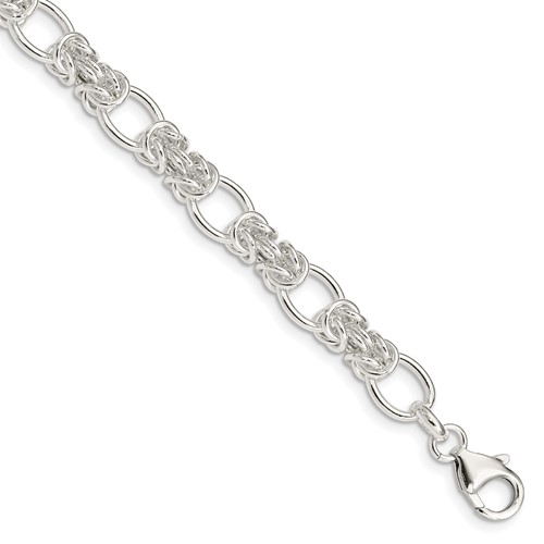Sterling Silver Polished 7.1mm Fancy Oval and Byzantine Link Bracelet, 7.75"