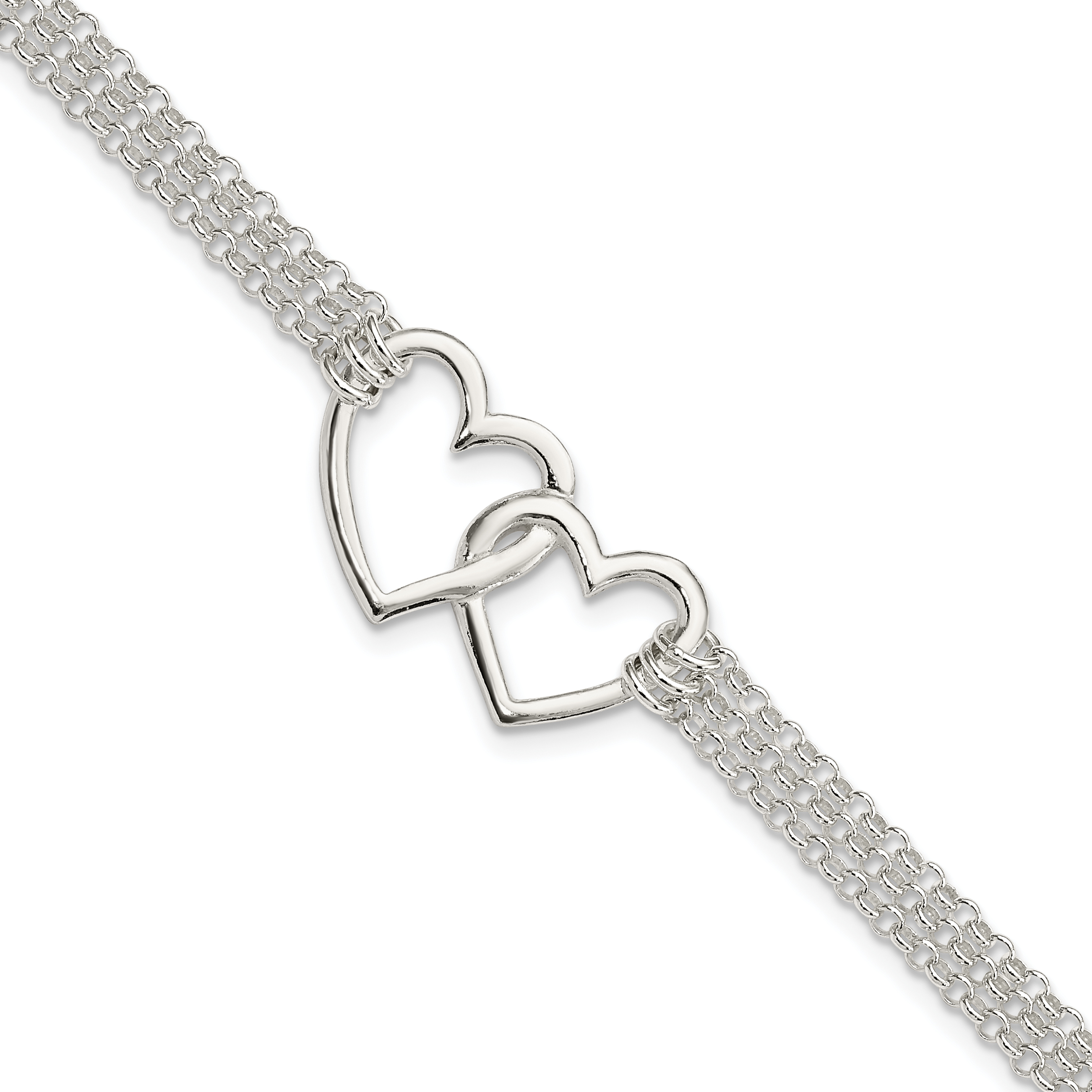 Sterling Silver Polished 3-strand w/.5in. Ext. Heart Bracelet (QG3608-7)