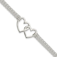 Sterling Silver Polished Linked Hearts 3-strand Bracelet with 0.5 Inch Extension Heart, 7" view 1