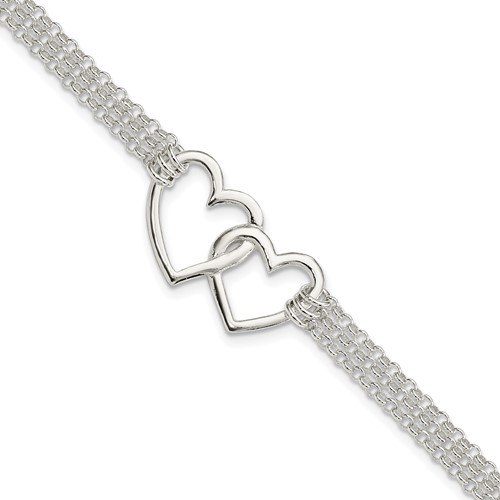 Sterling Silver Polished Linked Hearts 3-strand Bracelet with 0.5 Inch Extension Heart, 7"