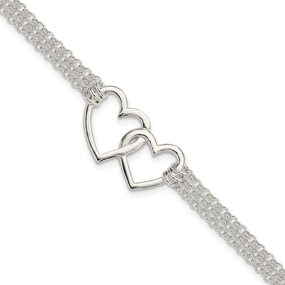 Sterling Silver Polished 3-strand w/.5in. Ext. Heart Bracelet