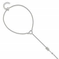 Sterling Silver Rhodium-plated Polished CZ Heart Arrow Attached Chain Ring Bracelet, 7" view 1