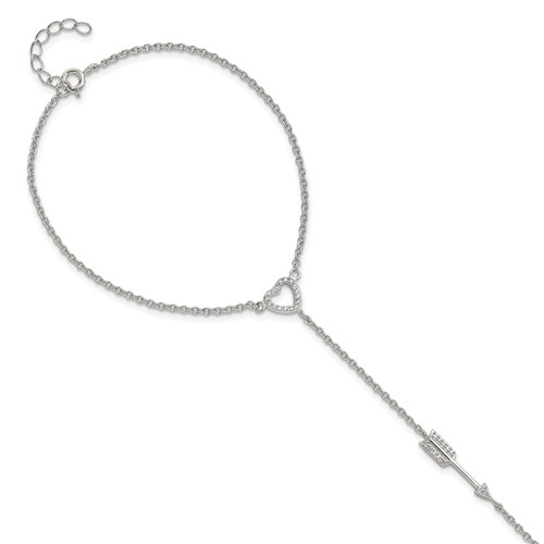 Sterling Silver Rhodium-plated Polished CZ Heart Arrow Attached Chain Ring Bracelet, 7"