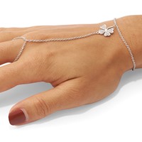 Sterling Silver Rhodium-plated Polished CZ Four-Leaf Clover Attached Chain Ring Bracelet, 7" view 5