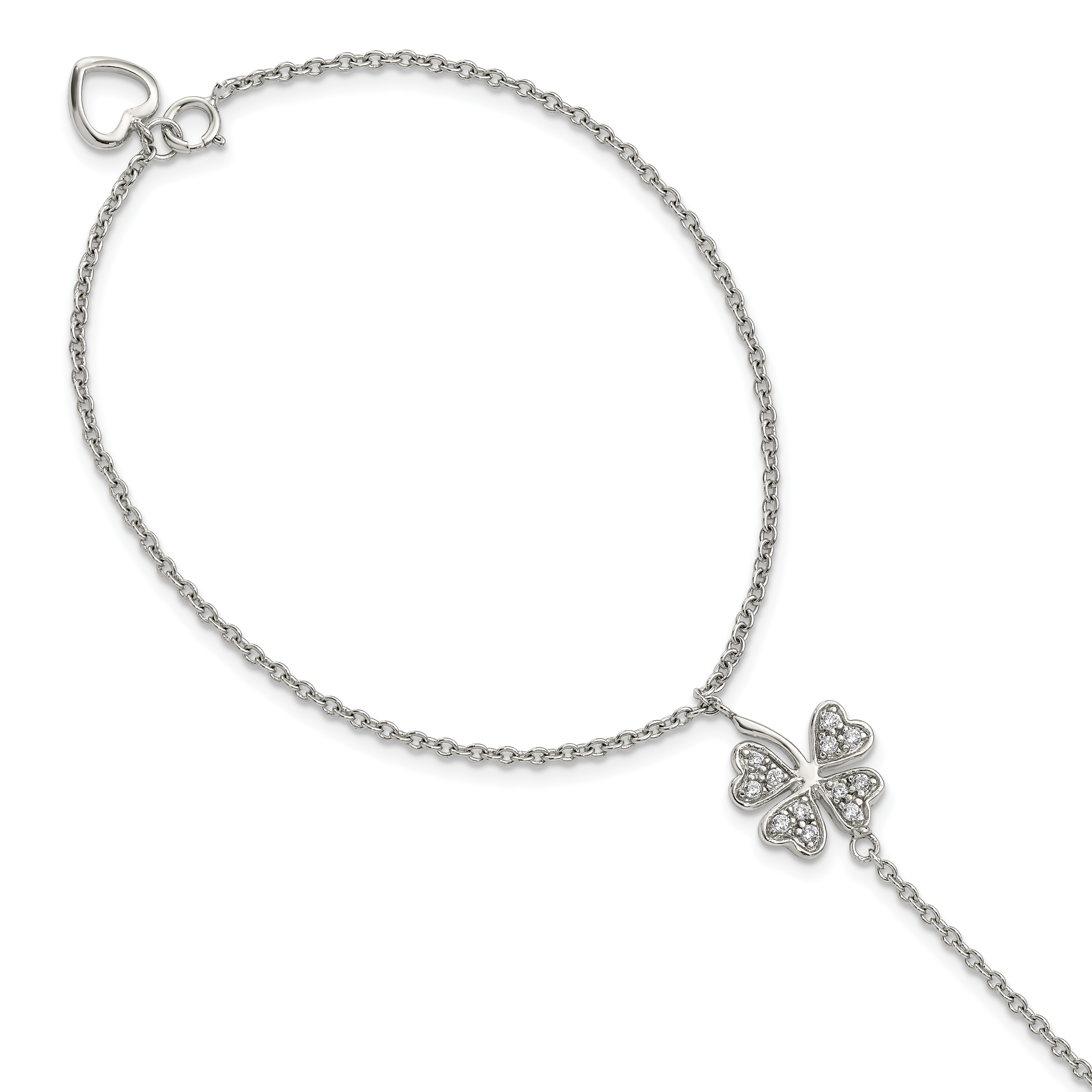 Sterling Silver RH-plat Polished CZ Four Leaf Clover Attached Ring/Bracelet (QG3629-7)