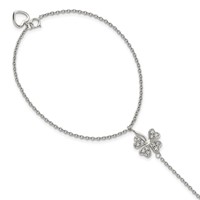 Sterling Silver Rhodium-plated Polished CZ Four-Leaf Clover Attached Chain Ring Bracelet, 7" view 1