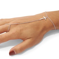 Sterling Silver Rhodium-plated Polished Cross Attached Chain Ring Bracelet, 7" view 5