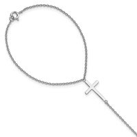 Sterling Silver Rhodium-plated Polished Cross Attached Chain Ring Bracelet, 7" view 1