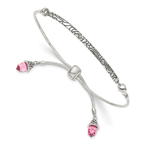 Sterling Silver Antiqued Pink Crystal Briolette Bracelet with Lobster Clasp Adjustable 6 to Bolo, 9"