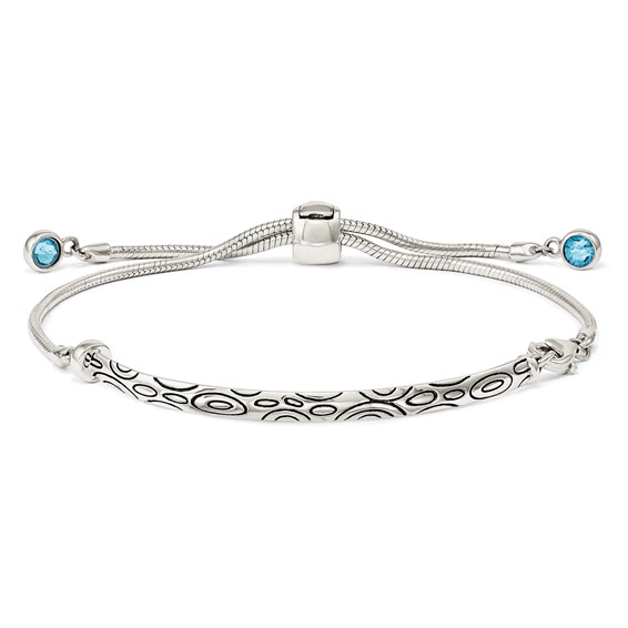 Sterling Silver Antiqued Blue Crystal Round Bezel Adjustable Bracelet