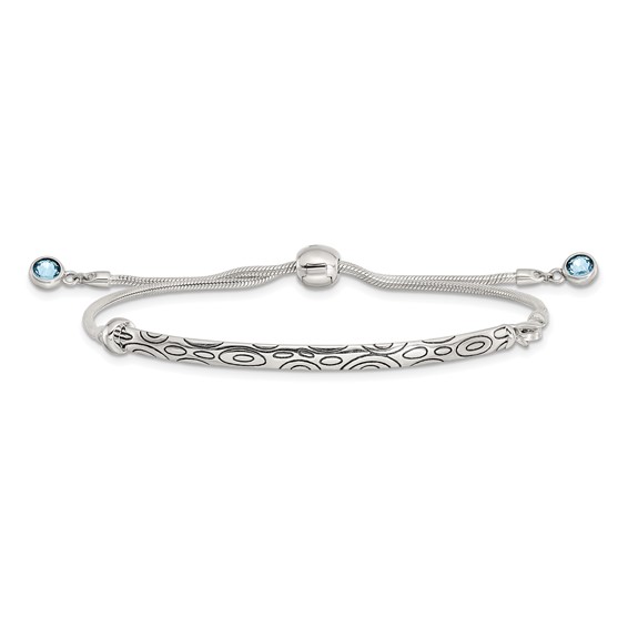 Sterling Silver Antiqued Blue Crystal Round Bezel Adjustable Bracelet