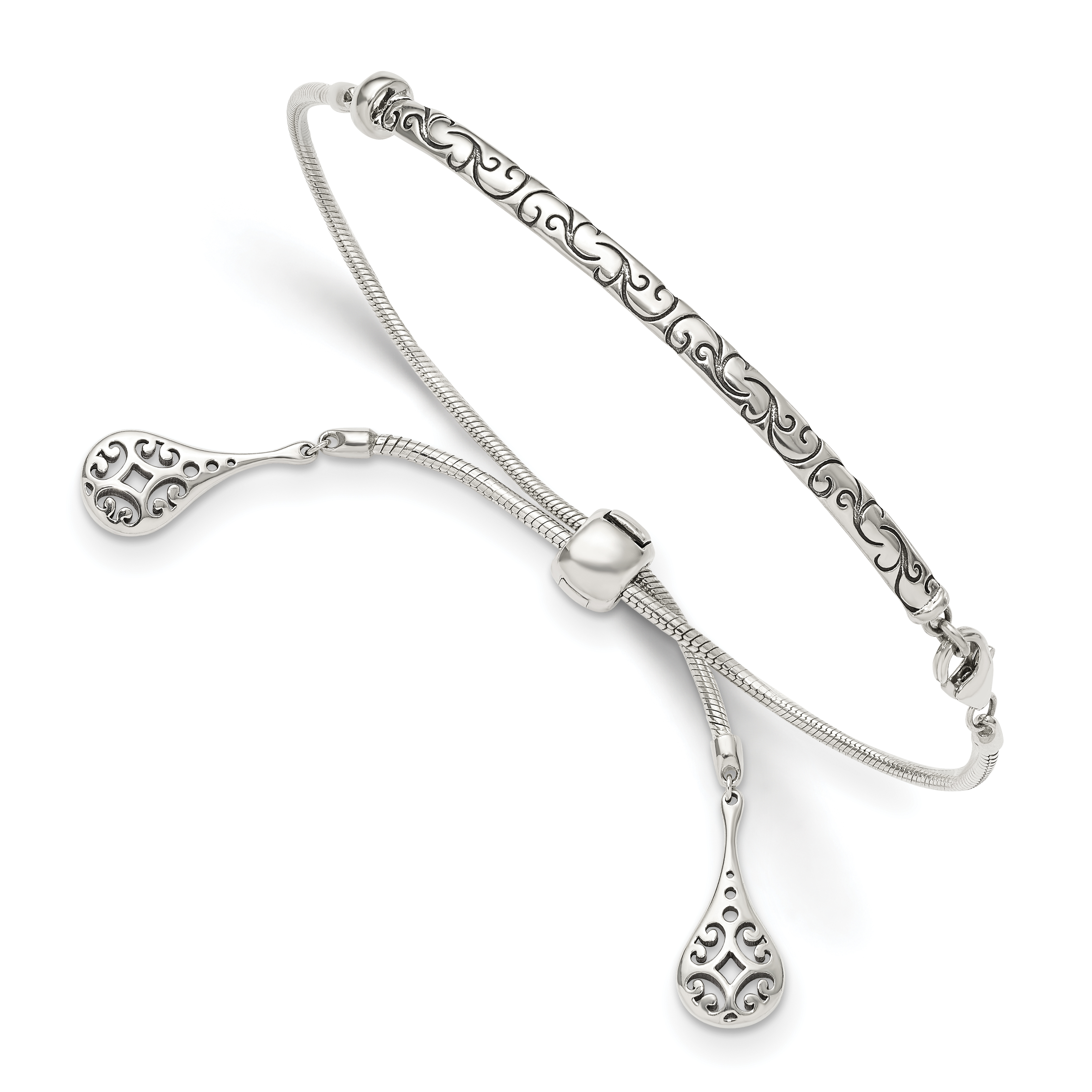 Sterling Silver Antiqued Filigree Drops Adjustable Bracelet (QG3638)