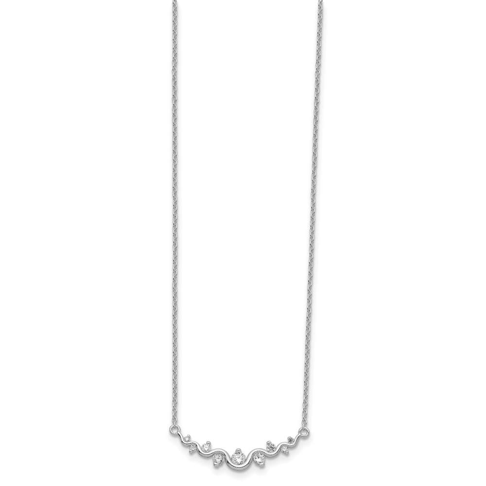 Sterling Silver Rhodium-plated Polished Fancy Wave CZ Bar Necklace (QG3654-18)