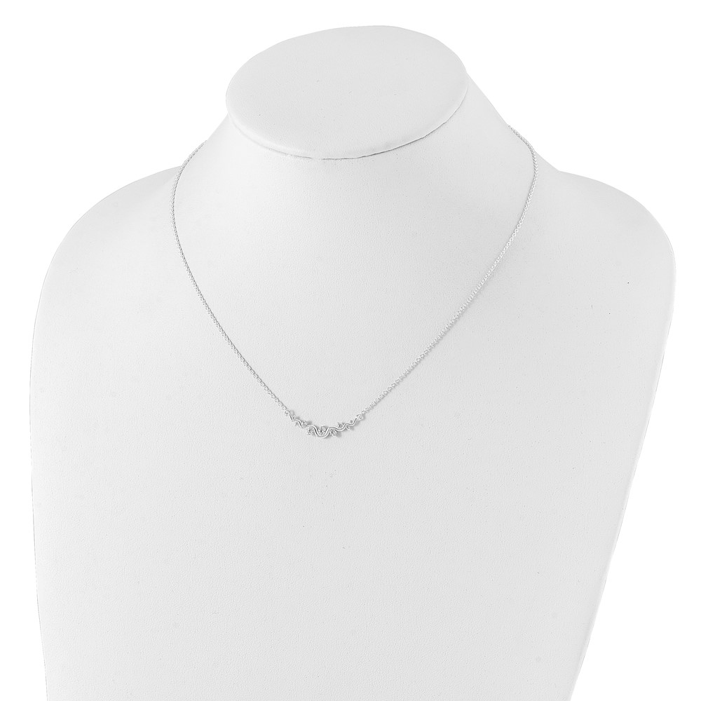 Sterling Silver Rhodium-plated Polished Fancy Wave CZ Bar Necklace (QG3654-18)