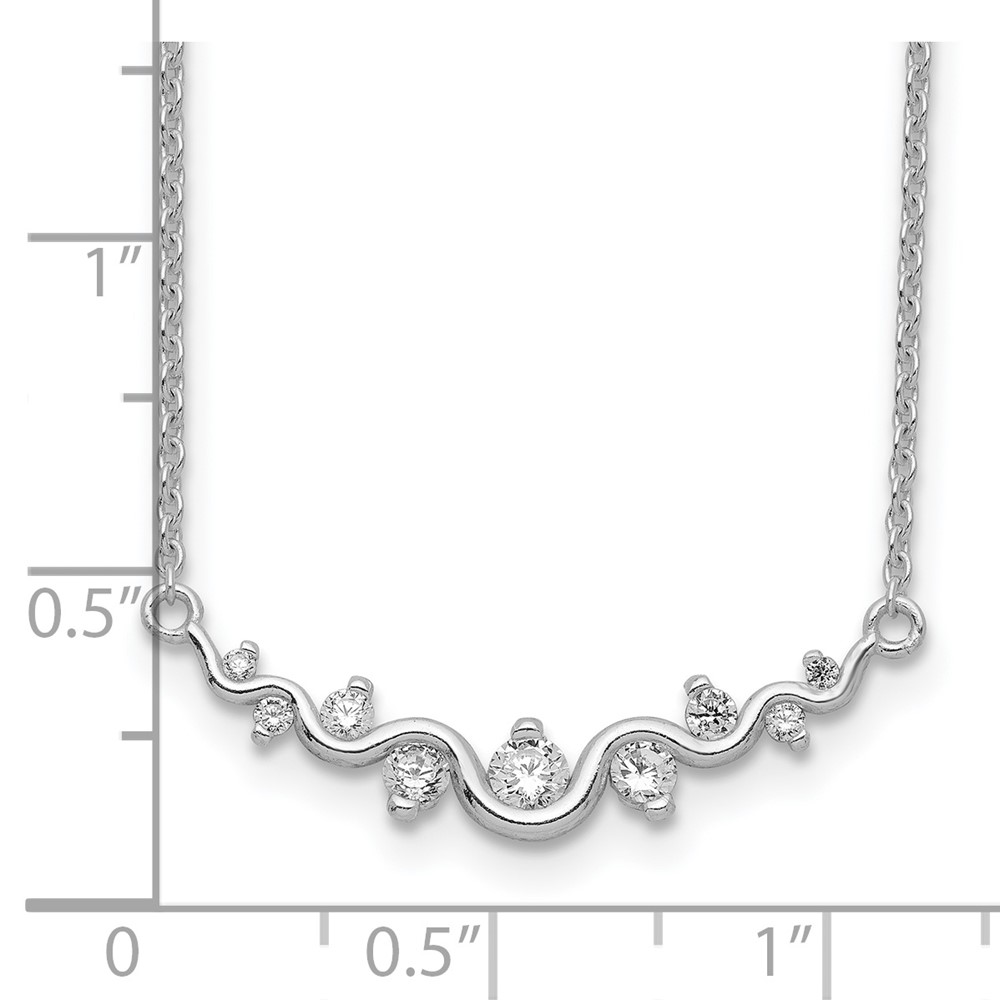 Sterling Silver Rhodium-plated Polished Fancy Wave CZ Bar Necklace (QG3654-18)