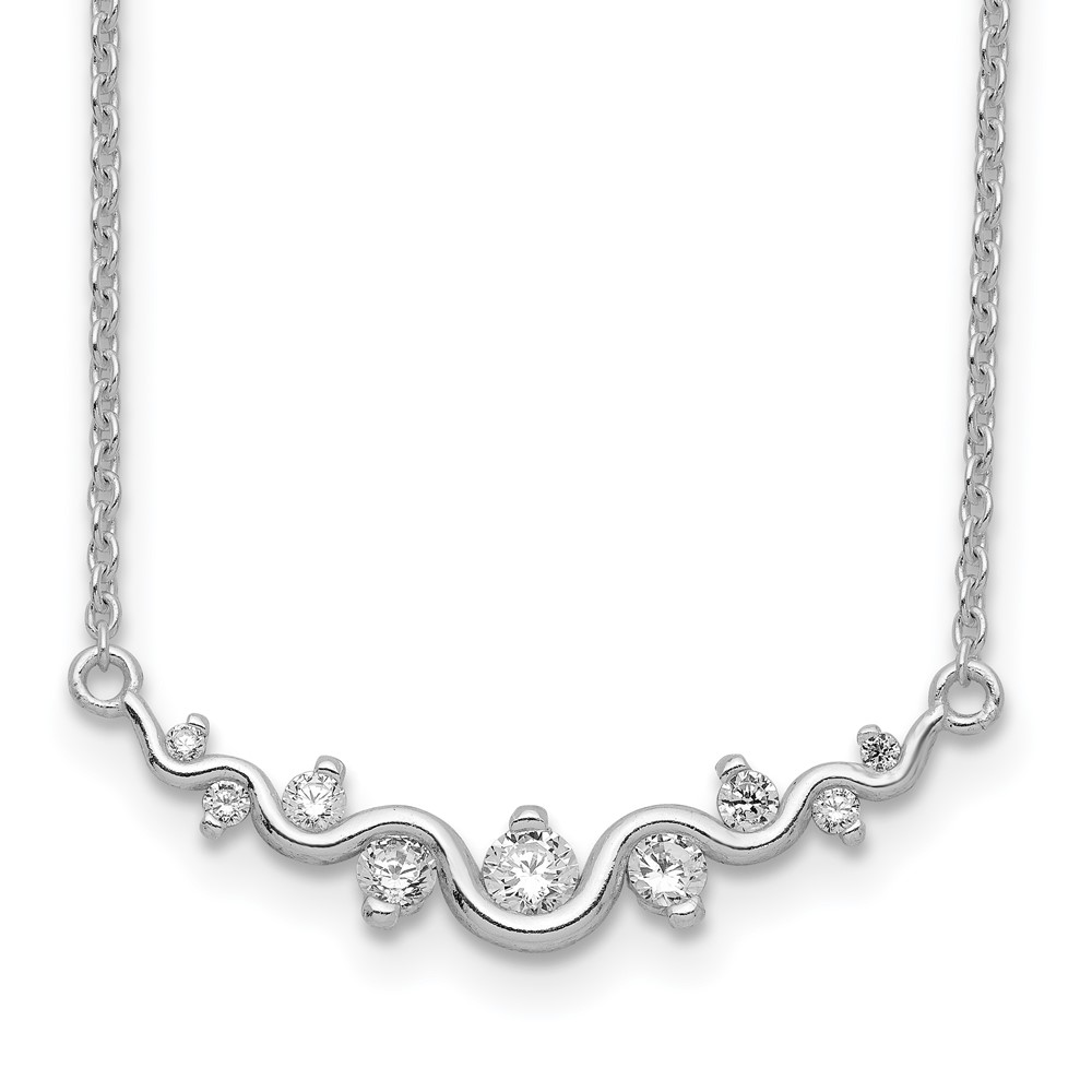 Sterling Silver Rhodium-plated Polished Fancy Wave CZ Bar Necklace (QG3654-18)