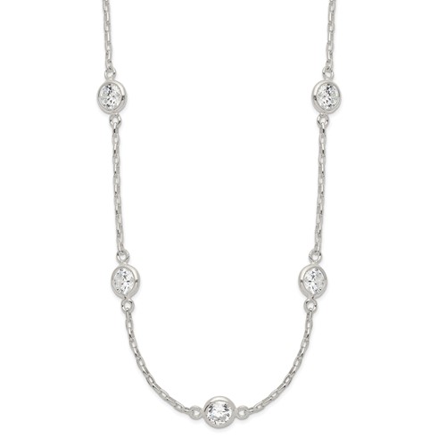 Sterling Silver Polished 6mm Bezel CZ 5-Station Necklace, 18"