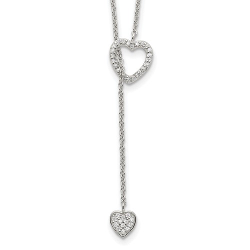 Sterling Silver Rhodium-plated Polished Hearts Necklace with CZ Adjustable Lariat, 20"