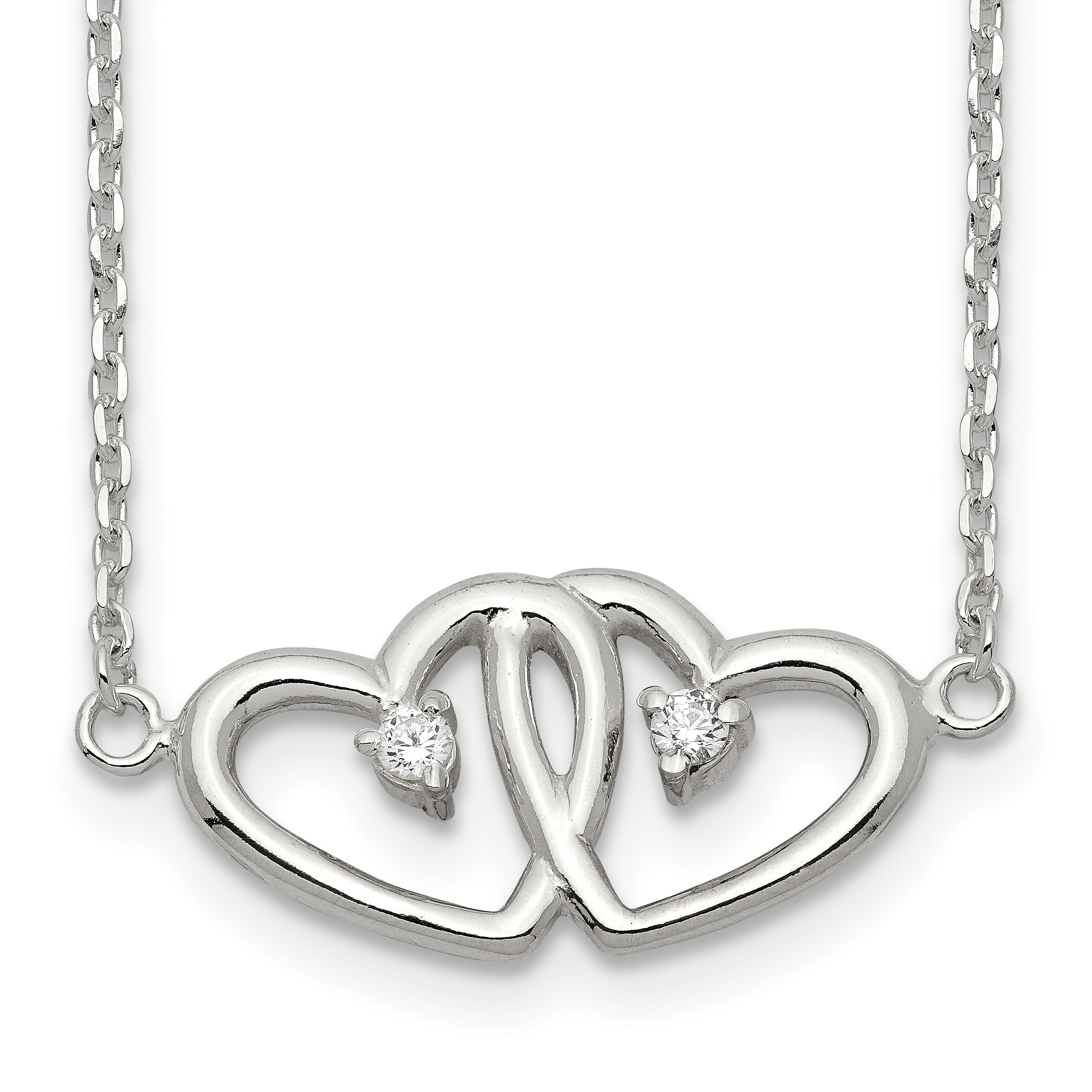 Sterling Silver Polished Two Hearts CZ Necklace (QG3671-18)