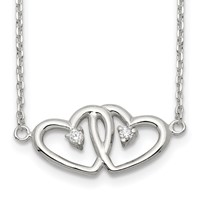 Sterling Silver Polished Two Hearts CZ Necklace, 18" view 1