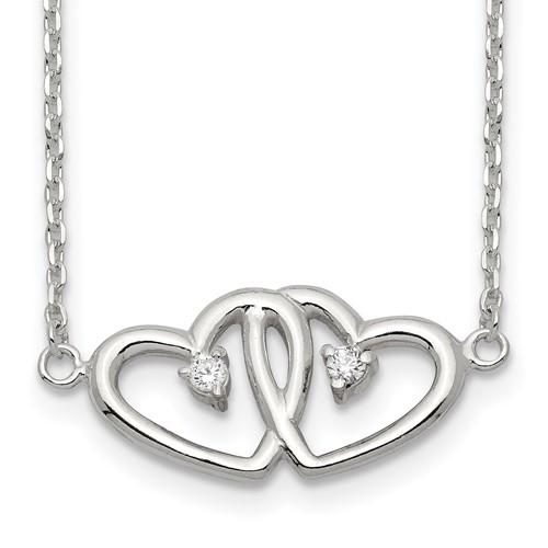 Sterling Silver Polished Two Hearts CZ Necklace, 18"