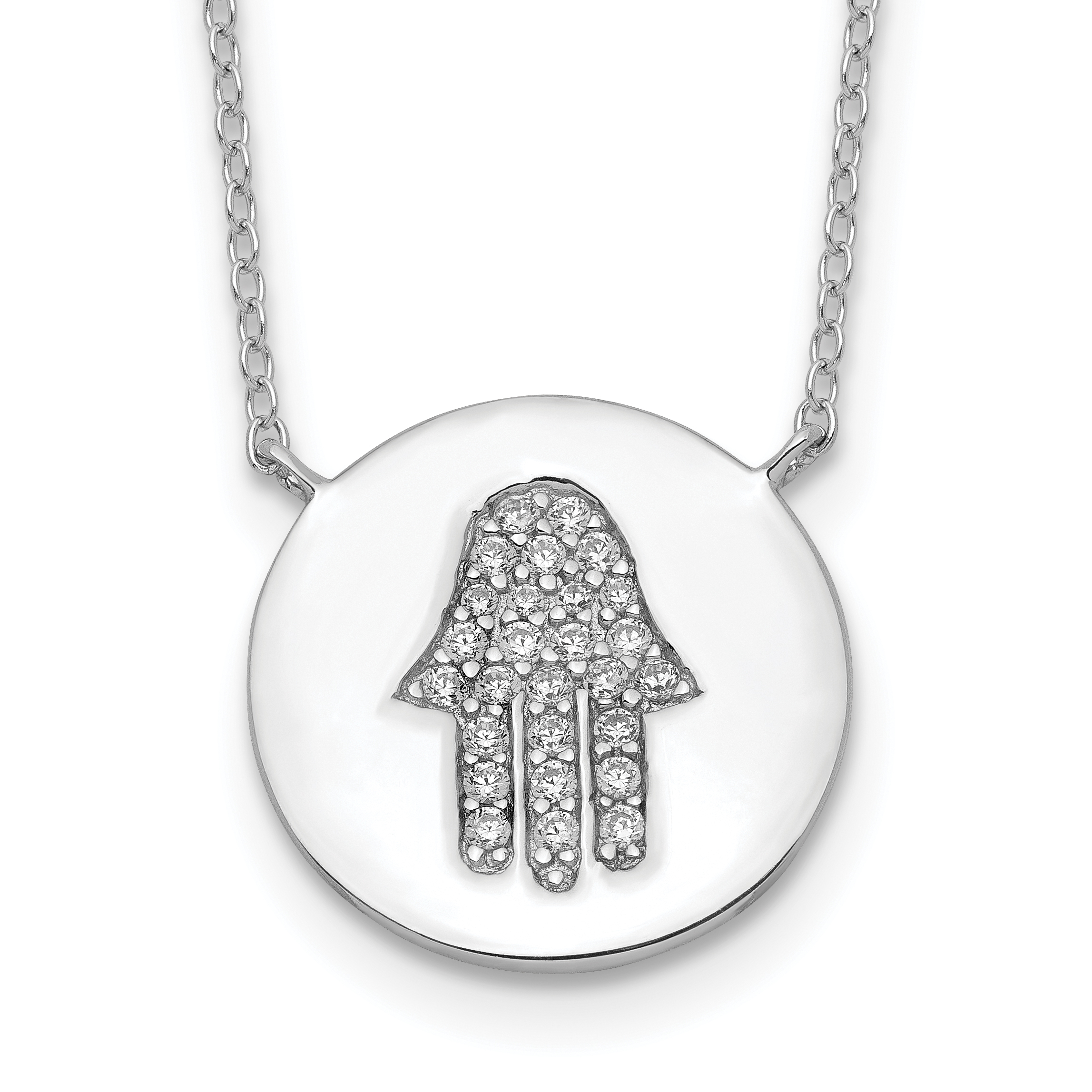 Sterling Silver Rhodium-plated Hamsa w/CZ w/2in ext. Necklace (QG3676-16)