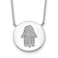 Sterling Silver Rhodium-plated Hamsa Necklace with CZ with Ext., 2" view 1