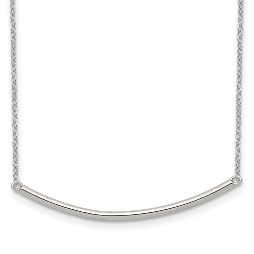 Sterling Silver Rhodium-plated Polished Curved Bar Necklace with 1 Inch Extension, 16"