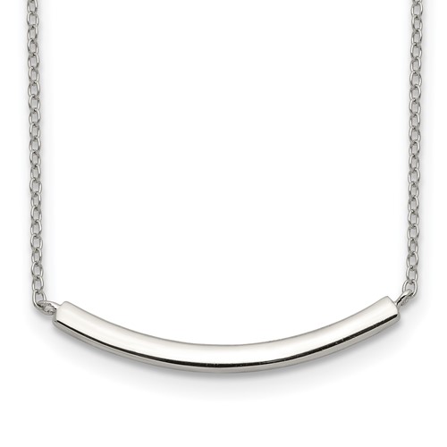 Sterling Silver Rhodium-plated Polished Curved Bar Necklace with 2 Inch Extension, 16"