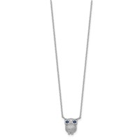 Sterling Silver Rhodium-plated Blue Glass Stone Owl Necklace with 2 Inch Extension, 16" view 2
