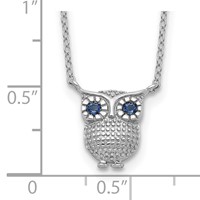 Sterling Silver Rhodium-plated Blue Glass Stone Owl Necklace with 2 Inch Extension, 16" view 3