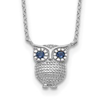 Sterling Silver Rhodium-plated Blue Glass Stone Owl Necklace with 2 Inch Extension, 16" view 1
