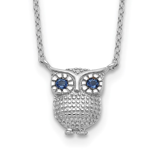 Sterling Silver Rhodium-plated Blue Glass Stone Owl Necklace with 2 Inch Extension, 16"